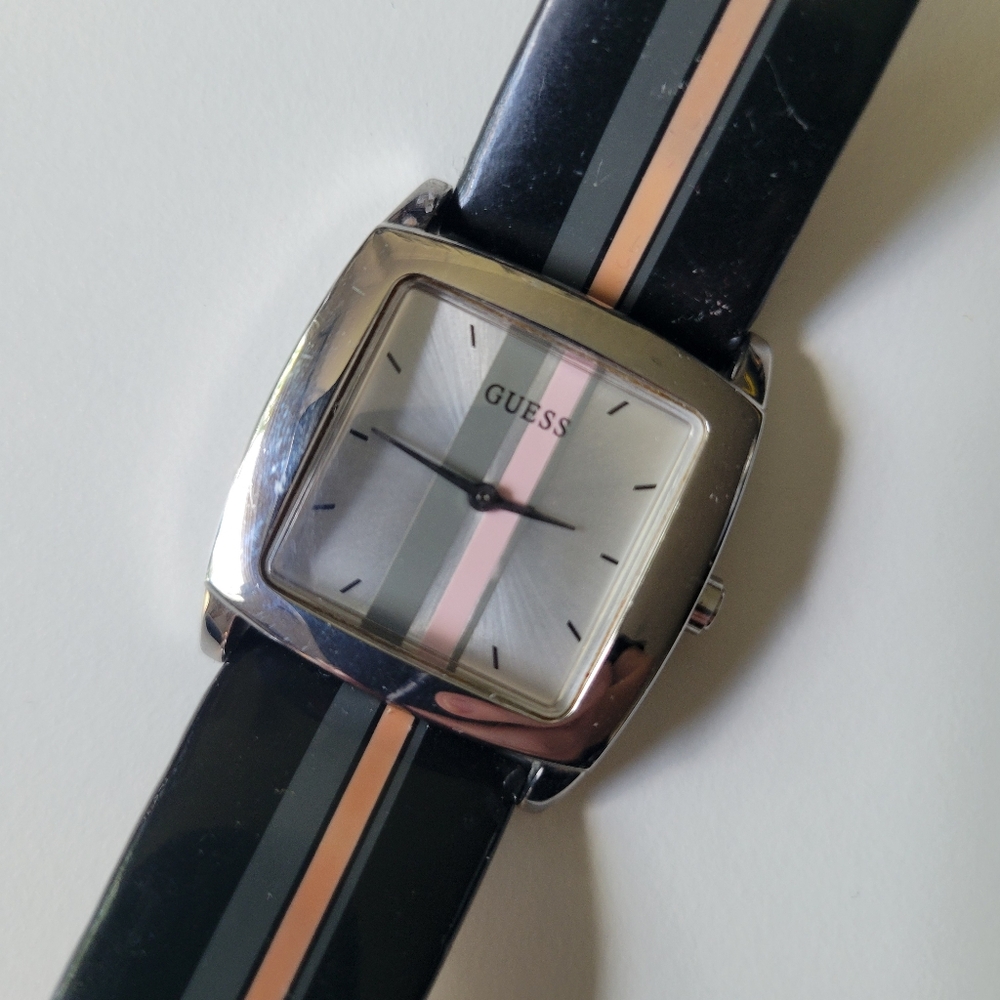 Guess - Genuine Leather -  Black and Pink Striped Watch